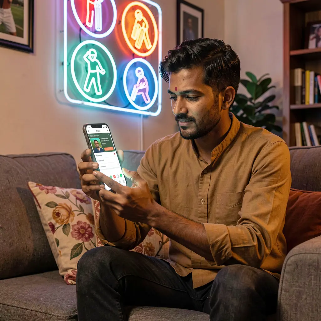 JYJILL App – Enjoy smooth and modern sports betting on your mobile device Relaxed Bangladeshi player using the JYJILL sports betting app on his phone with glowing cricket icons creating a modern gaming mood