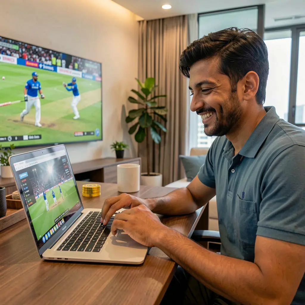 JYJILL Bet – Enjoy fast and exciting sports betting from home in Bangladesh Happy Bangladeshi man placing online sports bets on a laptop with live cricket action on TV behind him using JYJILL