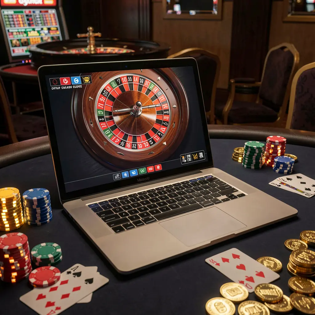 JYJILL – Experience stylish online casino gaming in Bangladesh Elegant online roulette setup on a laptop surrounded by casino chips and playing cards showcasing the premium gaming style of JYJILL for players in Bangladesh