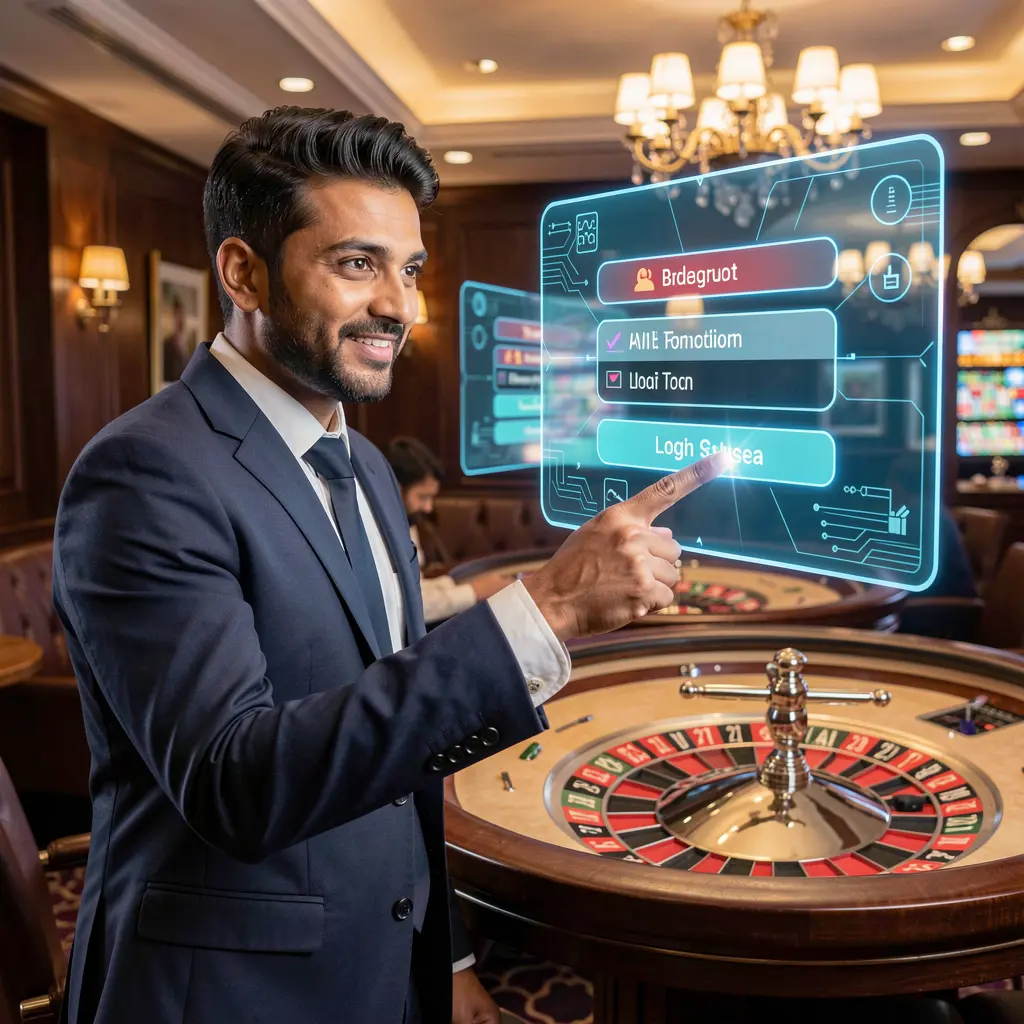 JYJILL Login – Secure and modern account access for players in Bangladesh Elegant casino dealer in a tuxedo interacting with a glowing holographic login panel above a roulette table representing secure access at JYJILL in Bangladesh
