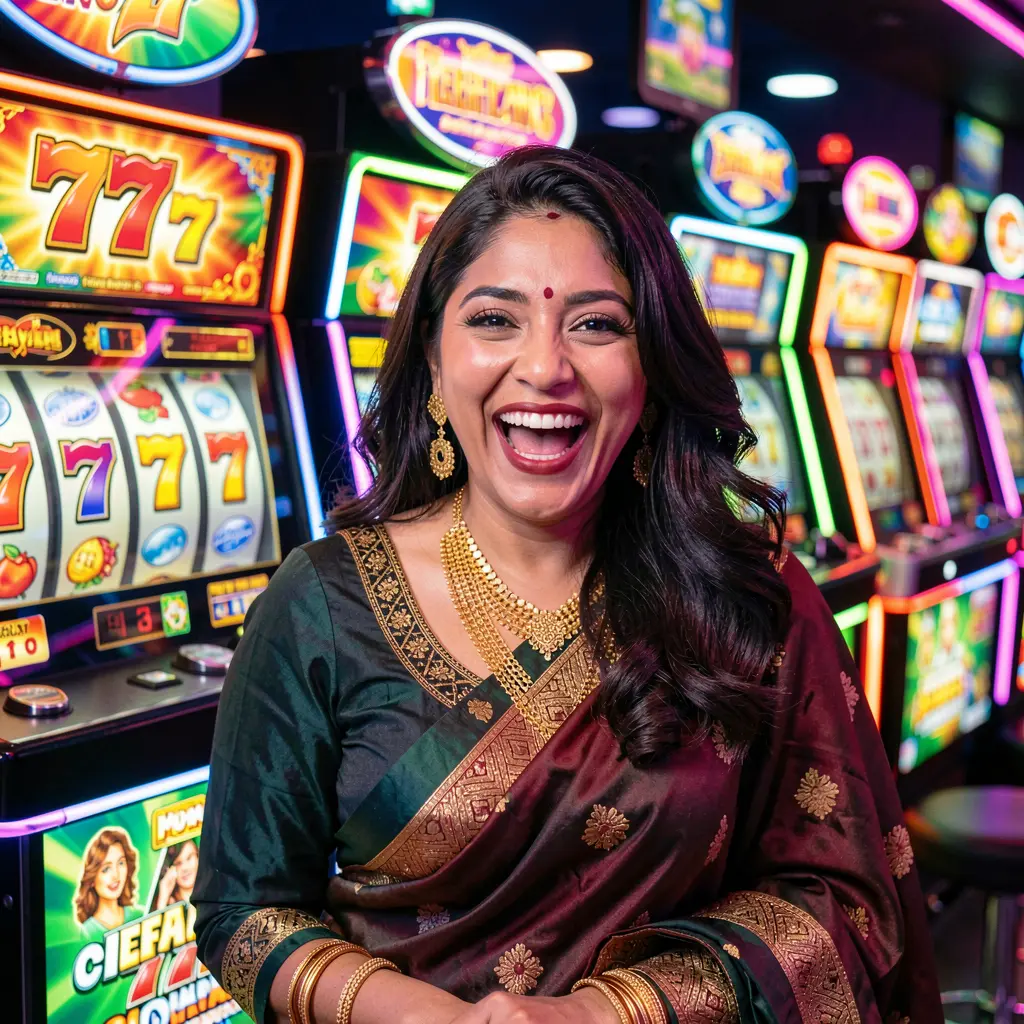 JYJILL – Dive into a colorful world of online slots for Bangladeshi players Excited woman enjoying vibrant casino lights and glowing 777 slot symbols while playing online slots at JYJILL in Bangladesh